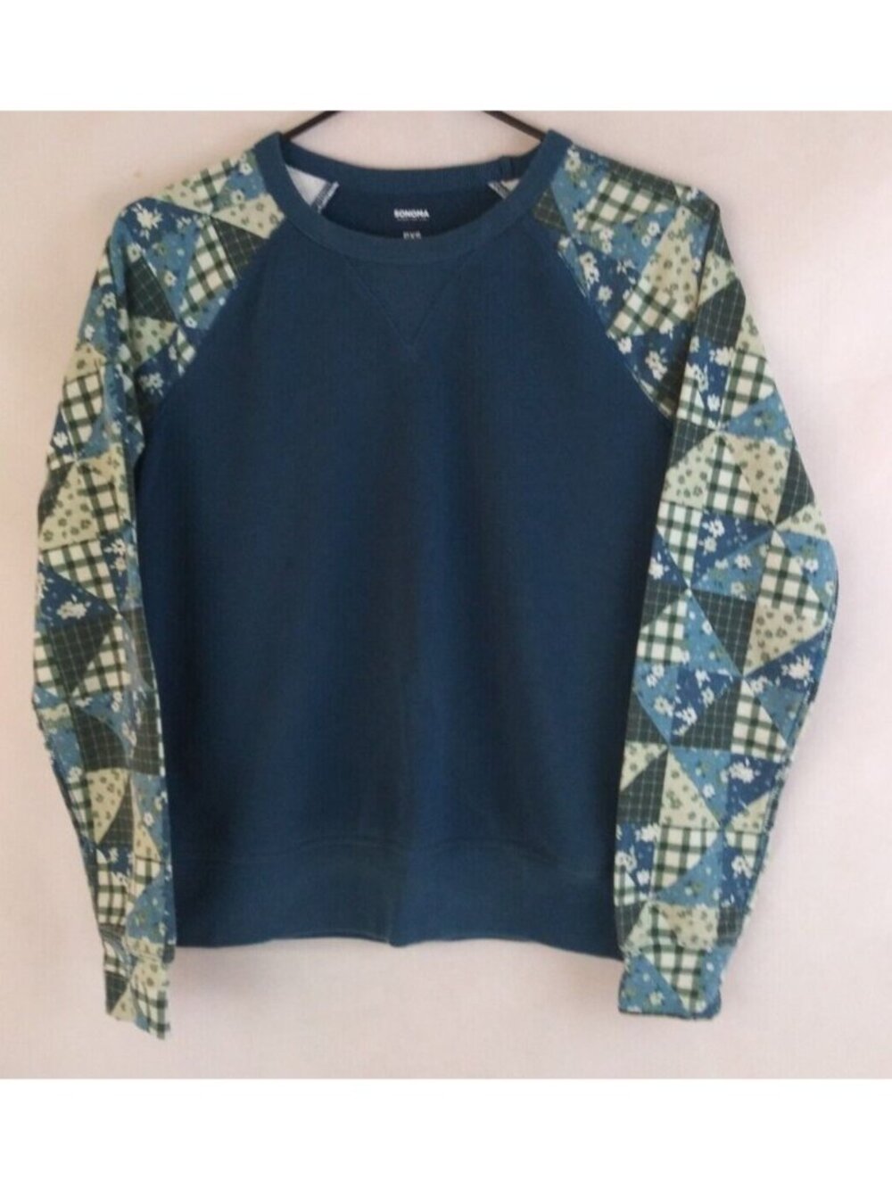Sonoma Women's Blue Sweatshirt With Floral Patchwork Design Sleeves Size PXS